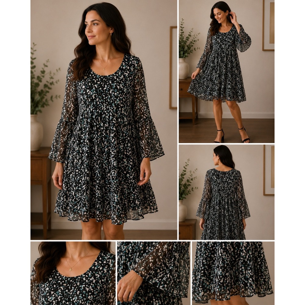 Paper Crown Blue Abstract Confetti Bell Sleeve Shift Dress Womens Large Boho L